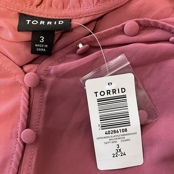 Torrid NWT Chiffon Smocked Collar Eyelet Embroidered Blouse Mauvewood Size 3X - Picture 5 of 11